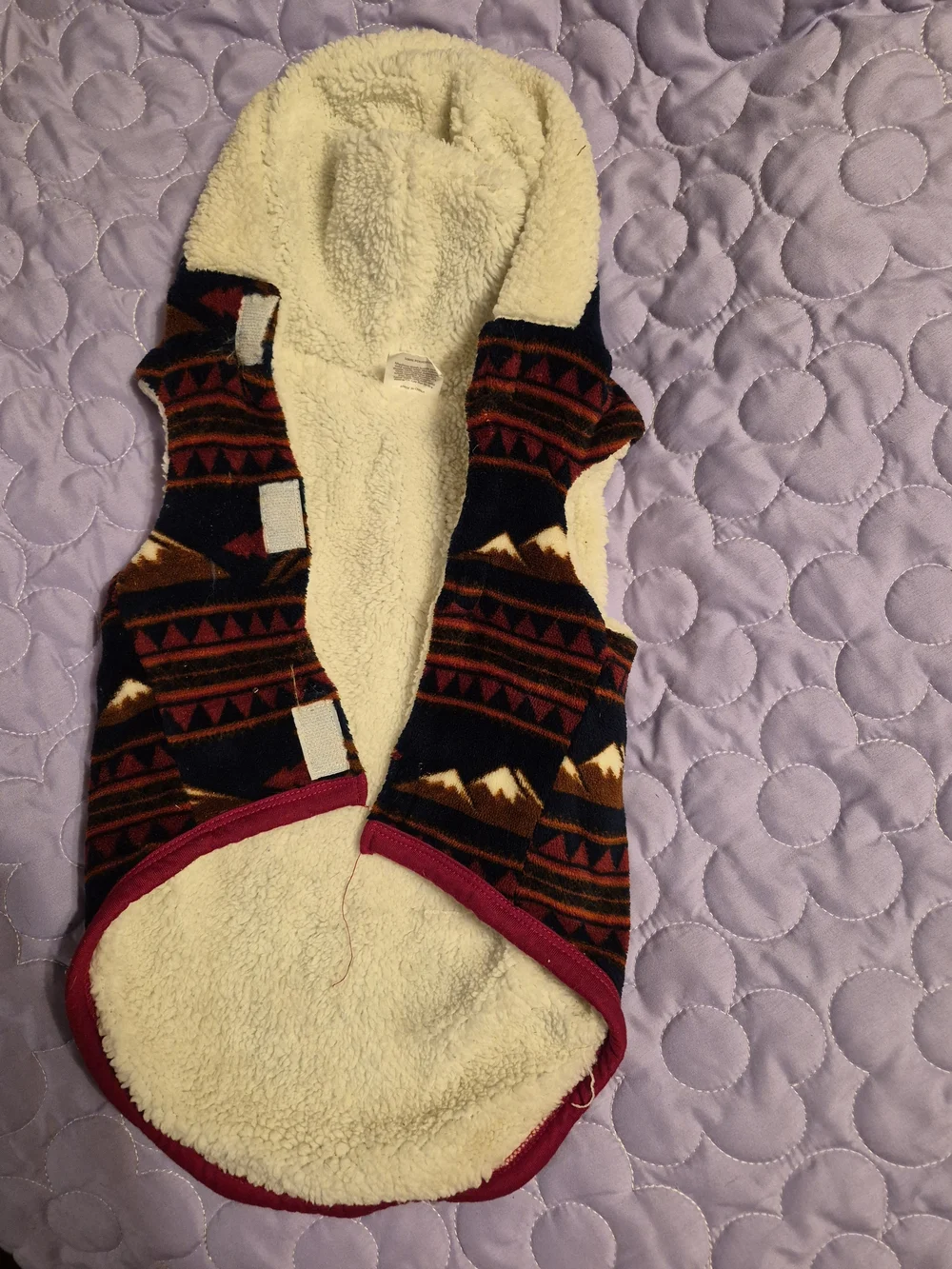 Cozy Hooded Fleece Dog Vest in Navy with Red & Gold Pattern